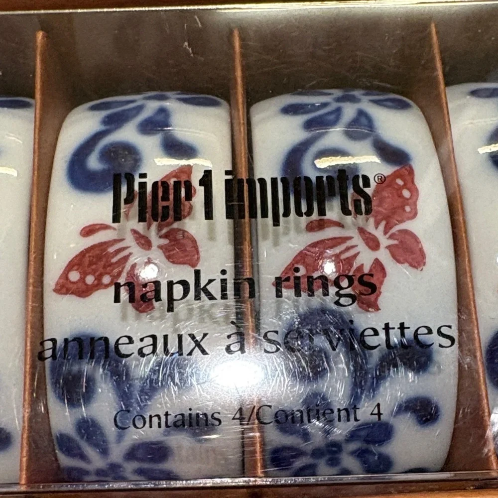 Pier 1 White Napkin Rings with Blue and Red Design new in box